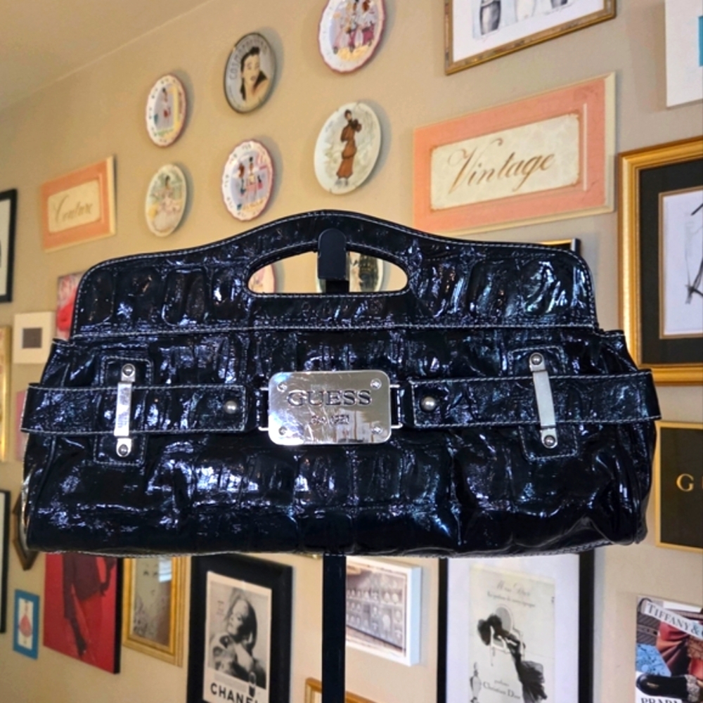Y2K Guess Faux Black Patent Leather Oversize Clutch‎ Handbag